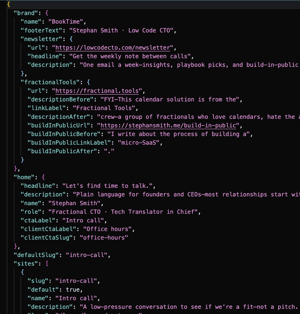 booktime.config.json — brand, home, sites, and calendar slugs in one JSON contract