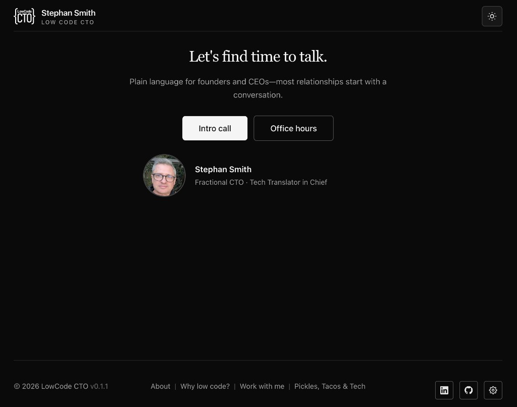 BookTime landing — Let's find time to talk, Intro call and Office hours on book.stephansmith.me