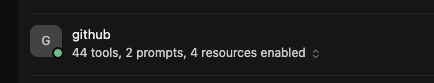 Cursor MCP panel — GitHub MCP showing 44 tools, 2 prompts, and 4 resources enabled