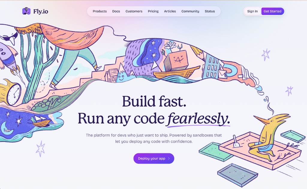 Fly.io homepage with bespoke hand-drawn illustration
